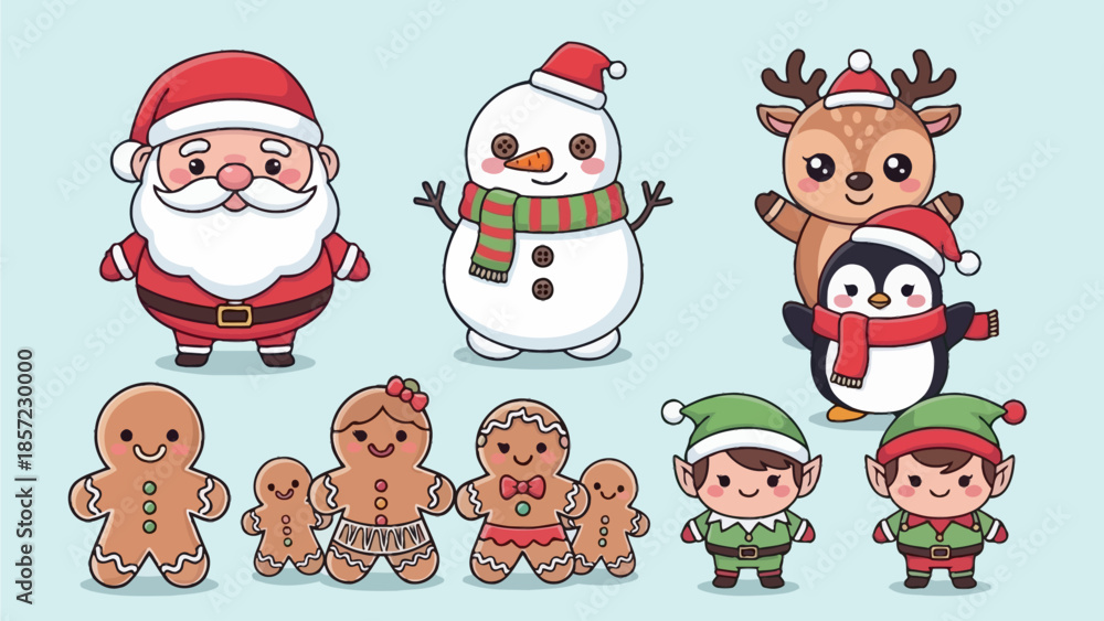 Fototapeta premium Kawaii Christmas Characters Collection: Santa, Snowman, Penguin, and Reindeer Illustration Set