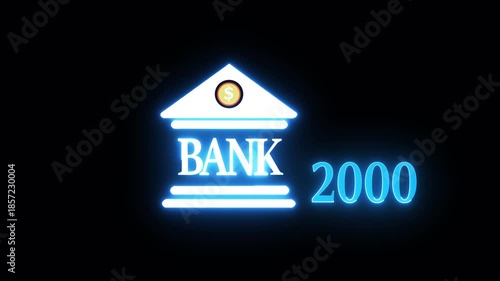 Neon light effect animation of a bank and the year 2000 ,Business representing real estate growth and market innovation bank icon, House loan ,risk management, Insurance and economic recession 