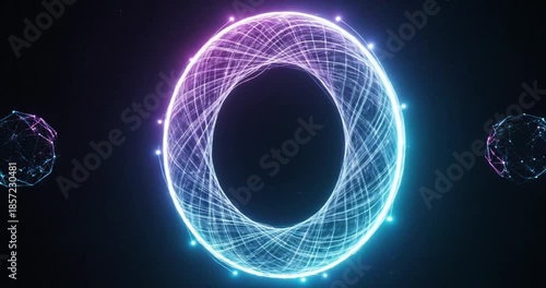 Futuristic glowing energy cylinder surrounded by abstract geometric shapes in dark space