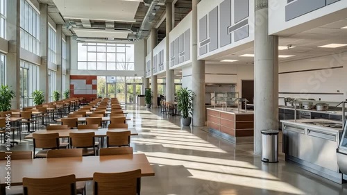 Empty Modern Cafeteria with Rows of Tables and Natural Light.