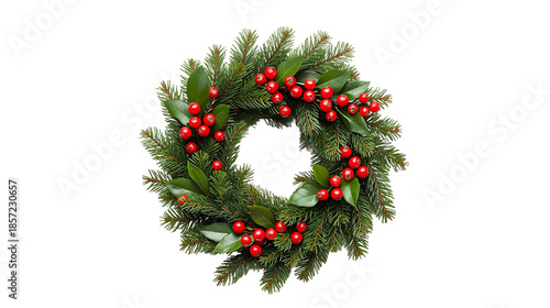 Festive Christmas Pine Wreath with Red Berries Isolated on Black Background