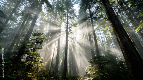 Sunbeams Pierce Through a Misty Coniferous Forest 8366