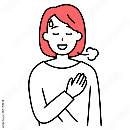 胸に手を当ててホッとする若い女性