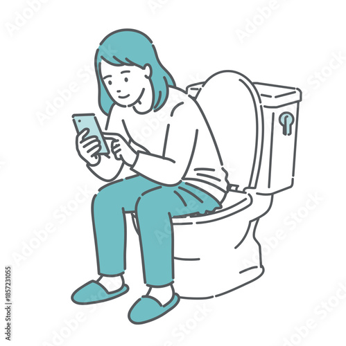 トイレでスマホを見る女性のイラスト（ながらスマホ・長居・便秘・生理管理）