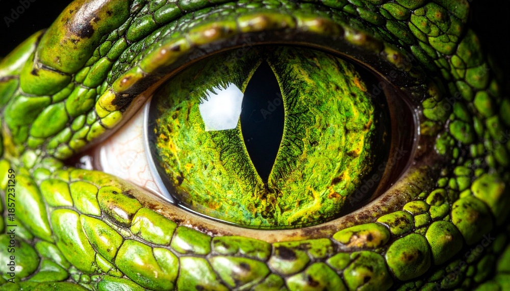 Fototapeta premium Intense emerald reptilian eye macro shot revealing scaly skin texture