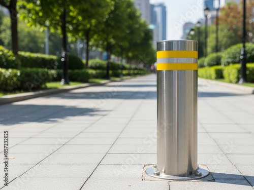 Modern urban street with silver bollard and yellow stripes