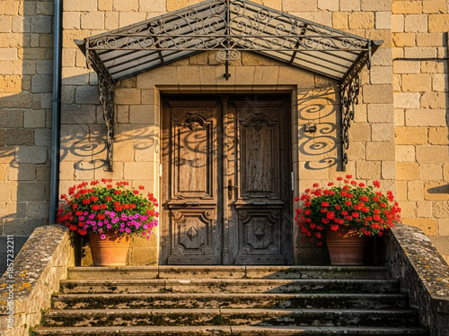 Ornate wooden door with vibrant flowers on stone steps outside