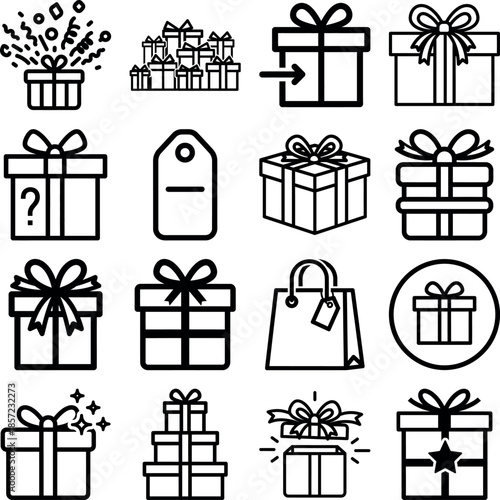 Gift icons set with various presents and shopping bags