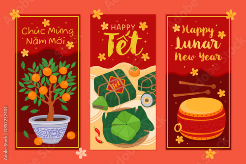 Design of festive money envelopes for Vietnamese Lunar New Year (Tet). Tangerine tree with fruits, drum, traditional sticky rice cake on red background.