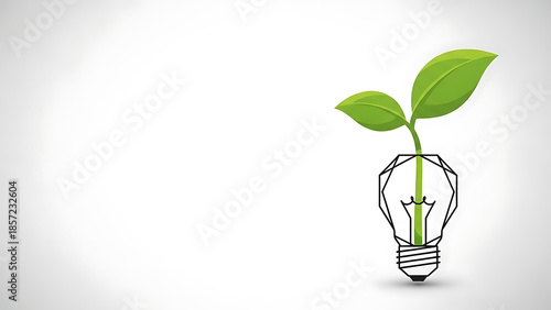 Green plant sprouting from geometric light bulb, symbolizing eco-friendly energy, sustainability, and innovative ideas on white.