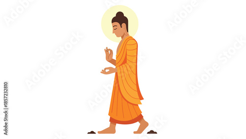 Young Buddhist monk walking in orange robes.