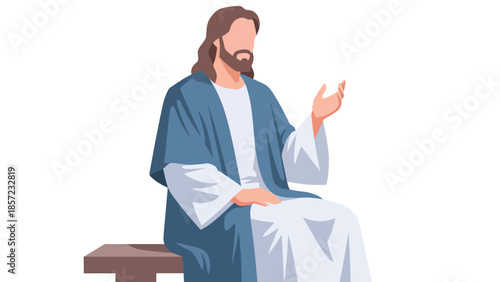 spiritual christian figure seated in a blue robe with white sleeves making a gentle gesture.