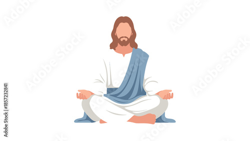 Bearded spiritual christian figure in robe meditating pose vector illustration.