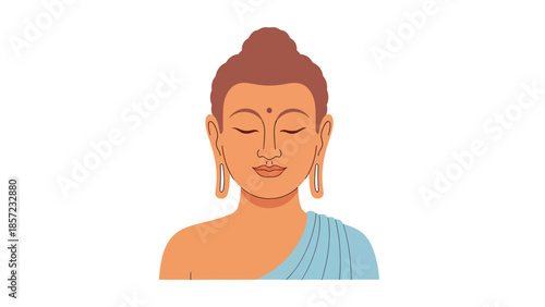 Buddha head illustration with serene expression.