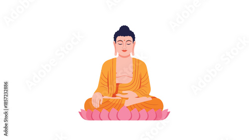 Buddha in orange robes meditating illustration.