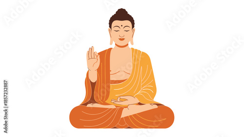 Buddha statue in meditative pose with raised hand.