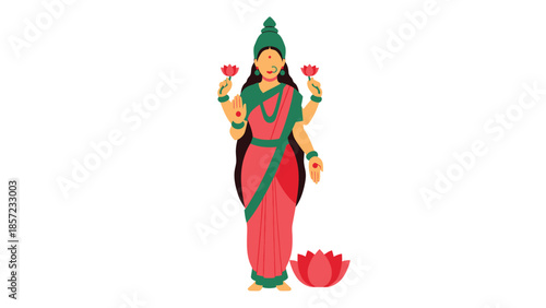 Hindu goddess illustration standing with lotus flowers.