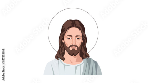 Christian figure illustration portrait with halo and serene expression.