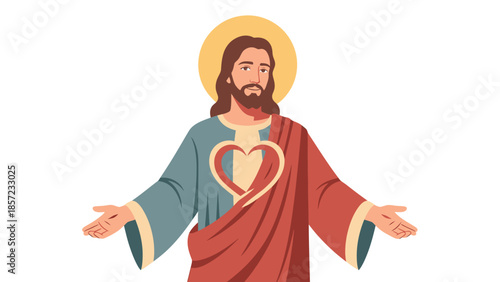 Christian figure portrait with halo open arms illustration.