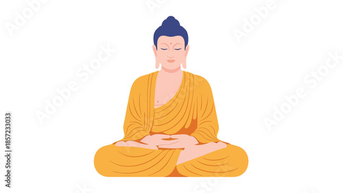 Meditating Buddha figure in orange robes.