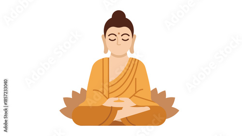 Meditating Buddha statue in orange robe illustration.