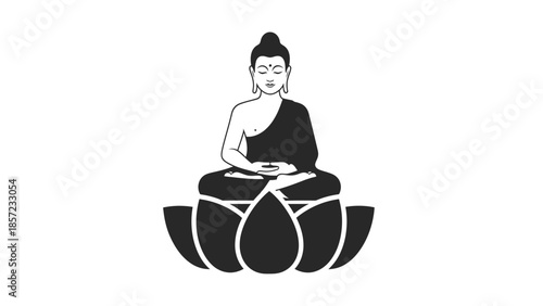 Meditating Buddha statue seated on lotus petals.