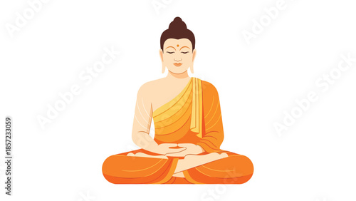 Meditating Buddha statue wearing saffron robes.