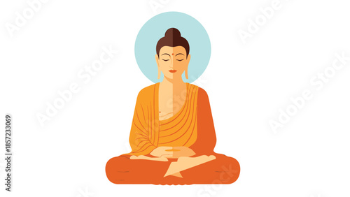 Meditating Orange Robed Monk Figure Sitting Cross Legged With Halo.