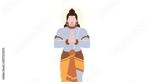 Meditating monk figure with folded hands in saffron robes.