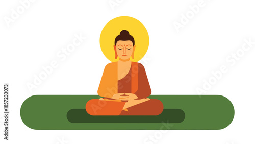 Meditating figure in orange robes seated on green mat with halo.