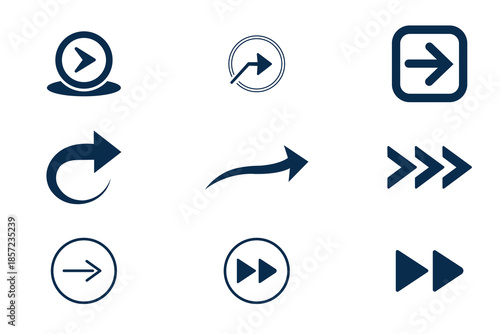Set of nine blue arrow icons for navigation, direction, forward, and next actions