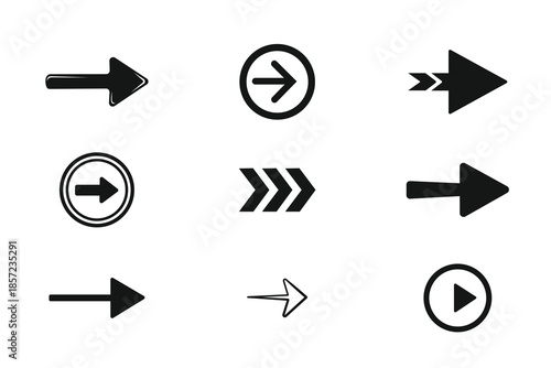 Set of nine black rightward arrows icons and symbols for navigation and direction