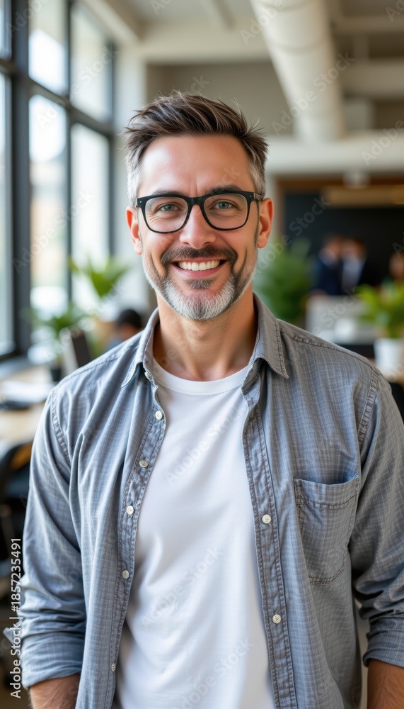 Obraz premium Confident Middle-Aged Professional Man with Beard and Glasses in Modern Office Setting, radiates Professionalism and Approachability for Business Marketing.