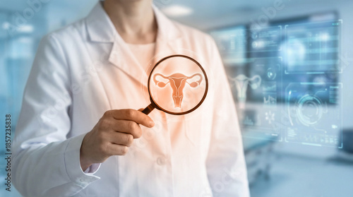 Female medical professional holding magnifying glass revealing female anatomy uterus symbol with modern digital holographic screens for gynecology research and women's healthcare concepts