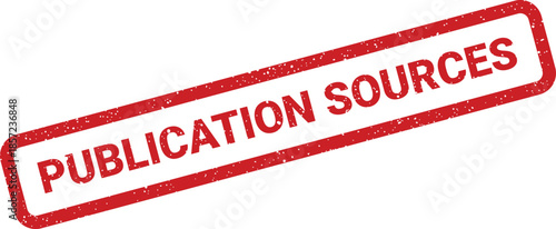 A distressed red rectangular rubber stamp impression displaying PUBLICATION SOURCES for research material and attribution