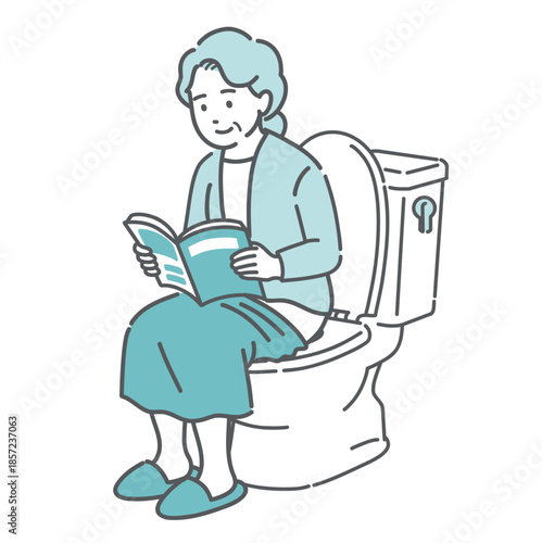 トイレで本を読む高齢女性のイラスト（読書・長居・痔の原因・ヒートショック）