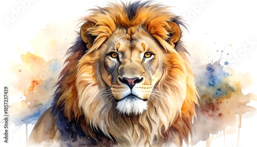 Majestic Lion Portrait in Watercolor Style with Intense Gaze.
