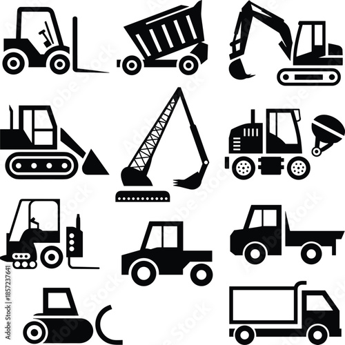 Black and white construction vehicle icons set featuring excavator dump truck forklift bulldozer loader machinery silhouette symbols