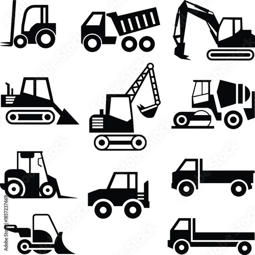 Black and white construction vehicle icons set featuring excavator dump truck forklift bulldozer loader machinery silhouette symbols