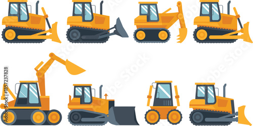 Bulldozer construction machinery illustration set showing multiple working positions featuring heavy earthmoving equipment flat cartoon industrial vehicles