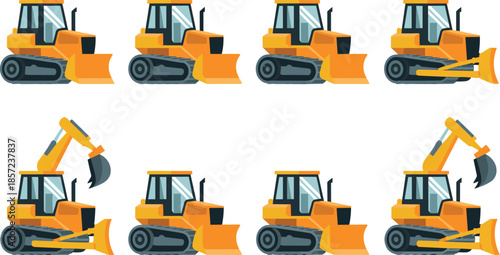 Bulldozer construction machinery illustration set showing multiple working positions featuring heavy earthmoving equipment flat cartoon industrial vehicles