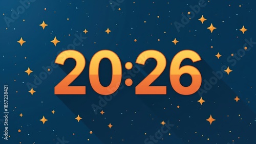 Digital clock display showing 20:26 in orange gradient font with starry night sky background and small golden stars