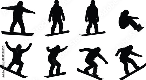 Collection of Professional Snowboarder Silhouettes Featuring Men Performing Various Jump Tricks and Winter Sports Action Poses Isolated on White Background for DesignWeb