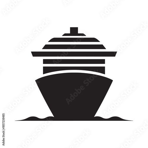 Black cruise ship icon representing sea travel and luxury vacations on a white background