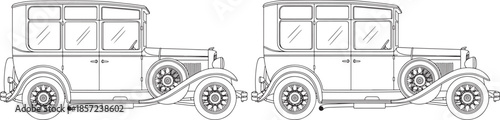 Two vintage automobile line art illustrations on white background