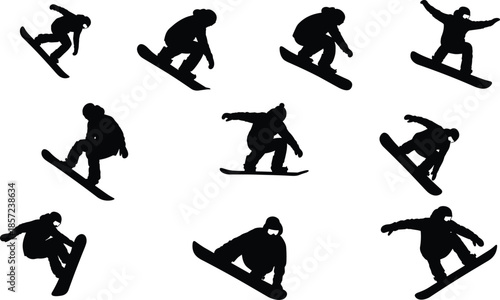 Collection of Professional Snowboarder Silhouettes Featuring Men Performing Jump Tricks and Winter Sports Action Poses Isolated on White Background for DesignWeb