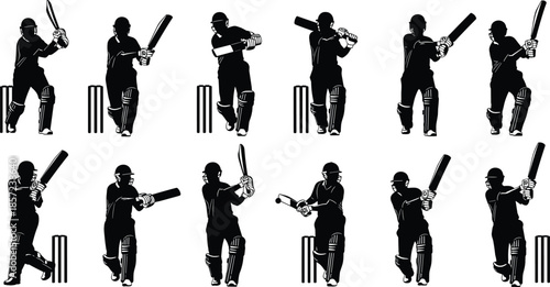 Professional Cricket Player Silhouettes Featuring Batsmen in Various Batting Stance Poses Isolated on White Background for Sports Action and Team DesignWeb