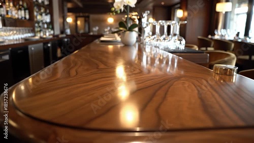 Smooth pan across a long, clean, polished wooden counter and bar top surface illuminated by soft overhead spotlights in a high-end eatery wood texture, pan shot, unoccupied