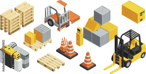 Isometric warehouse logistics illustration featuring forklift pallets cargo containers packaging storage equipment supply chain industrial transportation assets