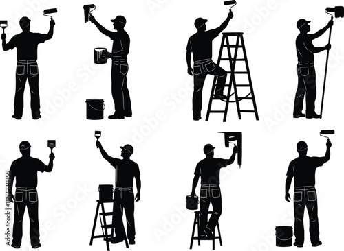 Collection of Professional House Painter Silhouettes Featuring Men Using Rollers Brushes and Ladders Isolated on White Background for Home Renovation DesignWeb
